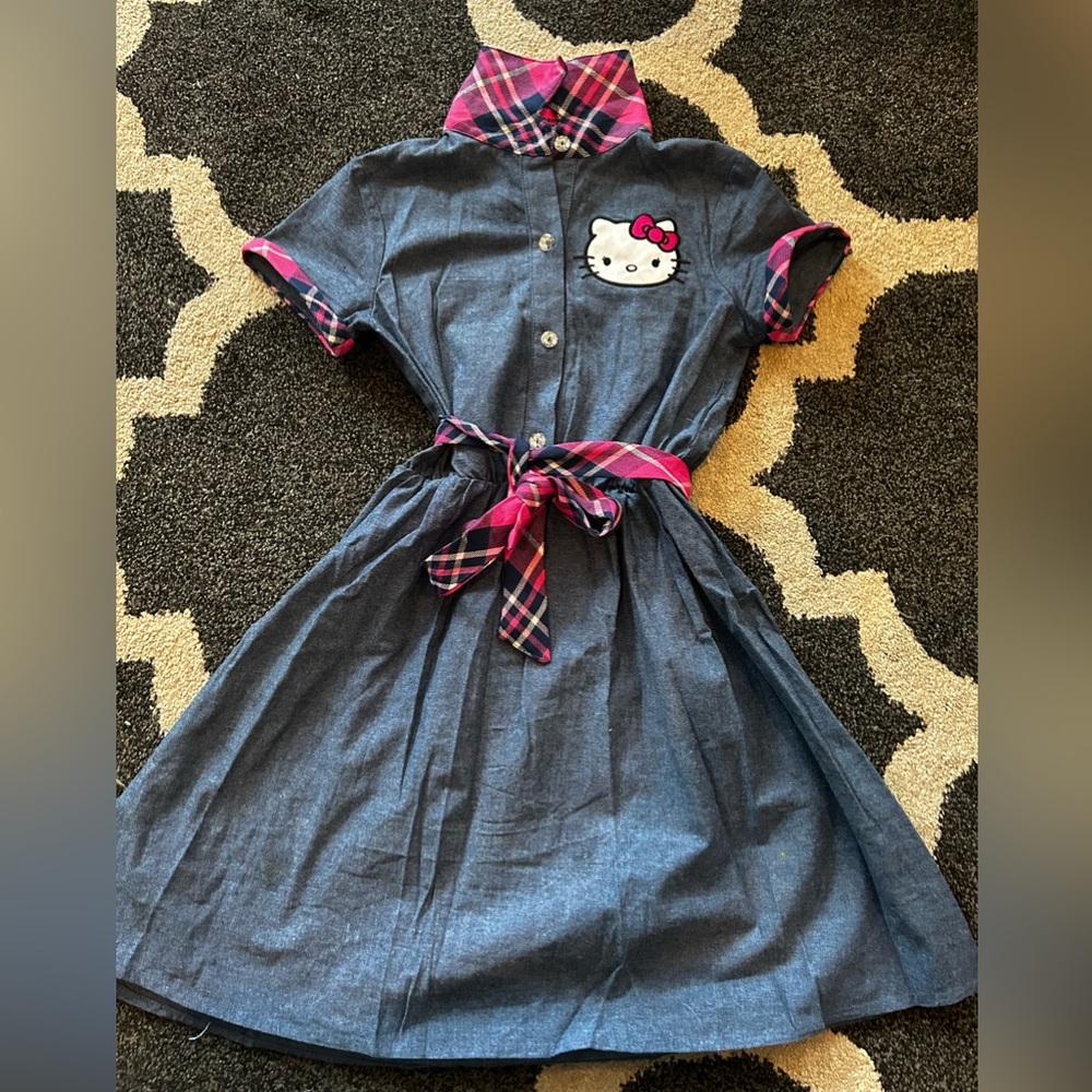 Hello Kit Denim with plaid pink trim